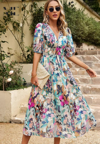 Alyssa | Wedding Guest Midi Dress Puff Sleeve