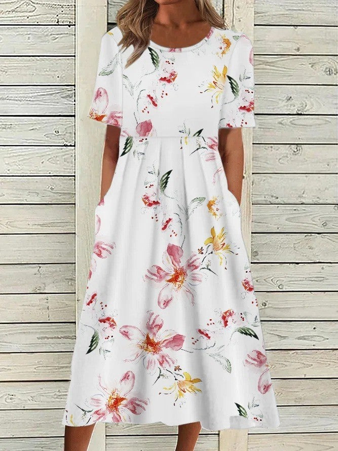 Leah | Short Sleeve Floral Midi Dress with Pockets