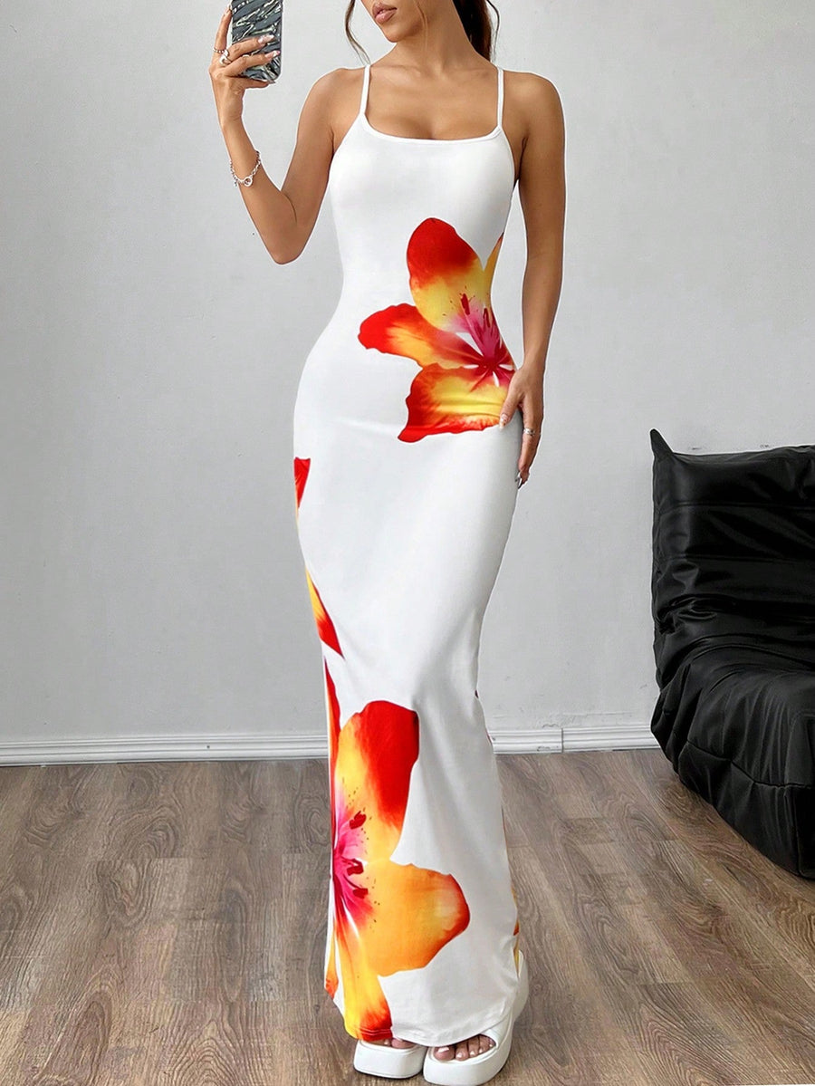 Madeline | Backless Maxi Dress Floral Spaghetti Strap
