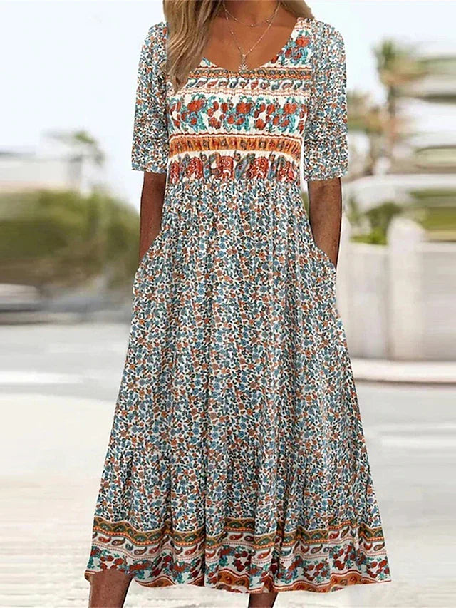 Susanna | Boho Midi Dress Square Neck
