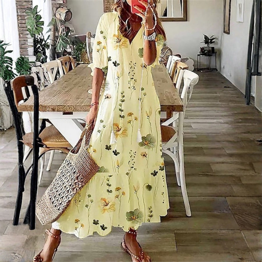 Monica | Floral Maxi Dress V-Neck Elbow-Length Sleeve