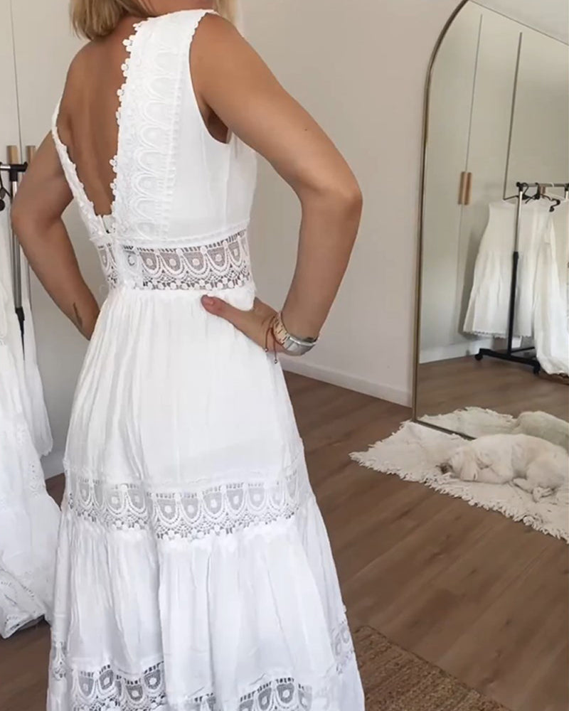 Therese | Boho Midi Dress Lace V-Neck