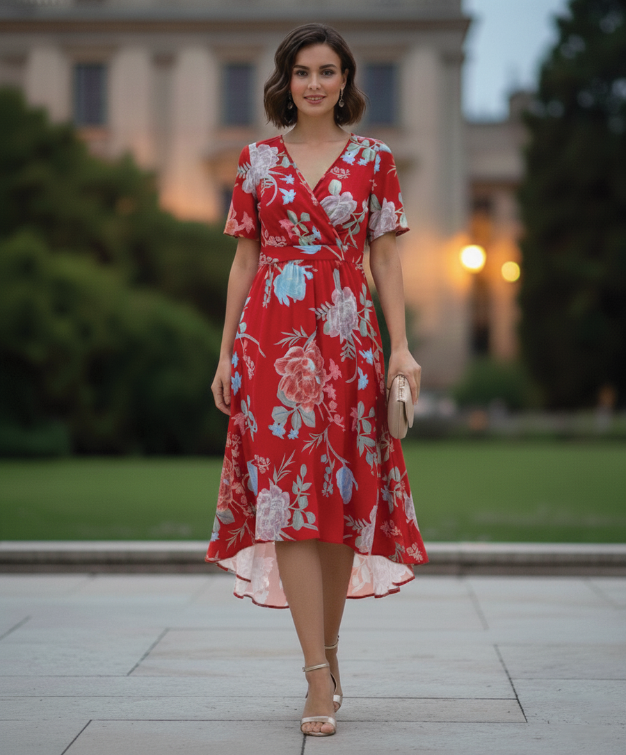 Arielle | Wrap Midi Dress V-Neck Short Sleeve
