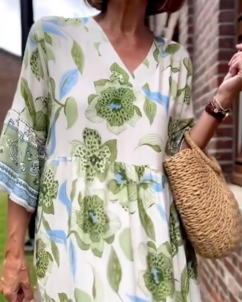 Nova | Boho Midi Dress Floral V-Neck