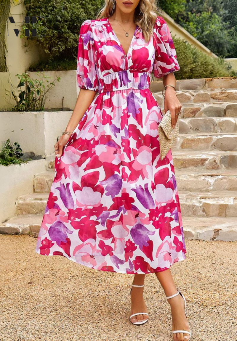 Alyssa | Wedding Guest Midi Dress Puff Sleeve