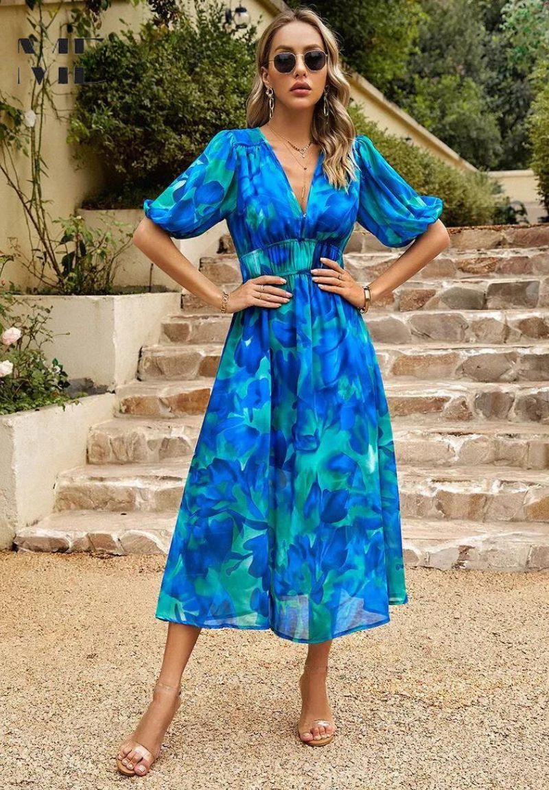 Alyssa | Wedding Guest Midi Dress Puff Sleeve