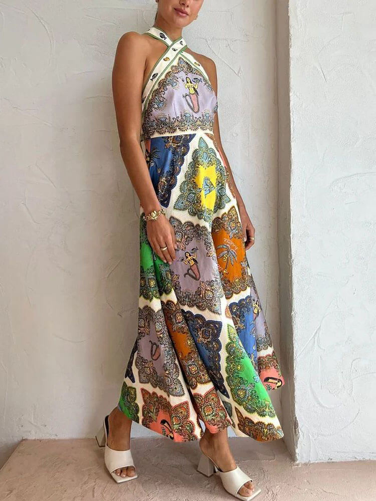 Maddie | Halter Maxi Dress Open Back Scarf Print