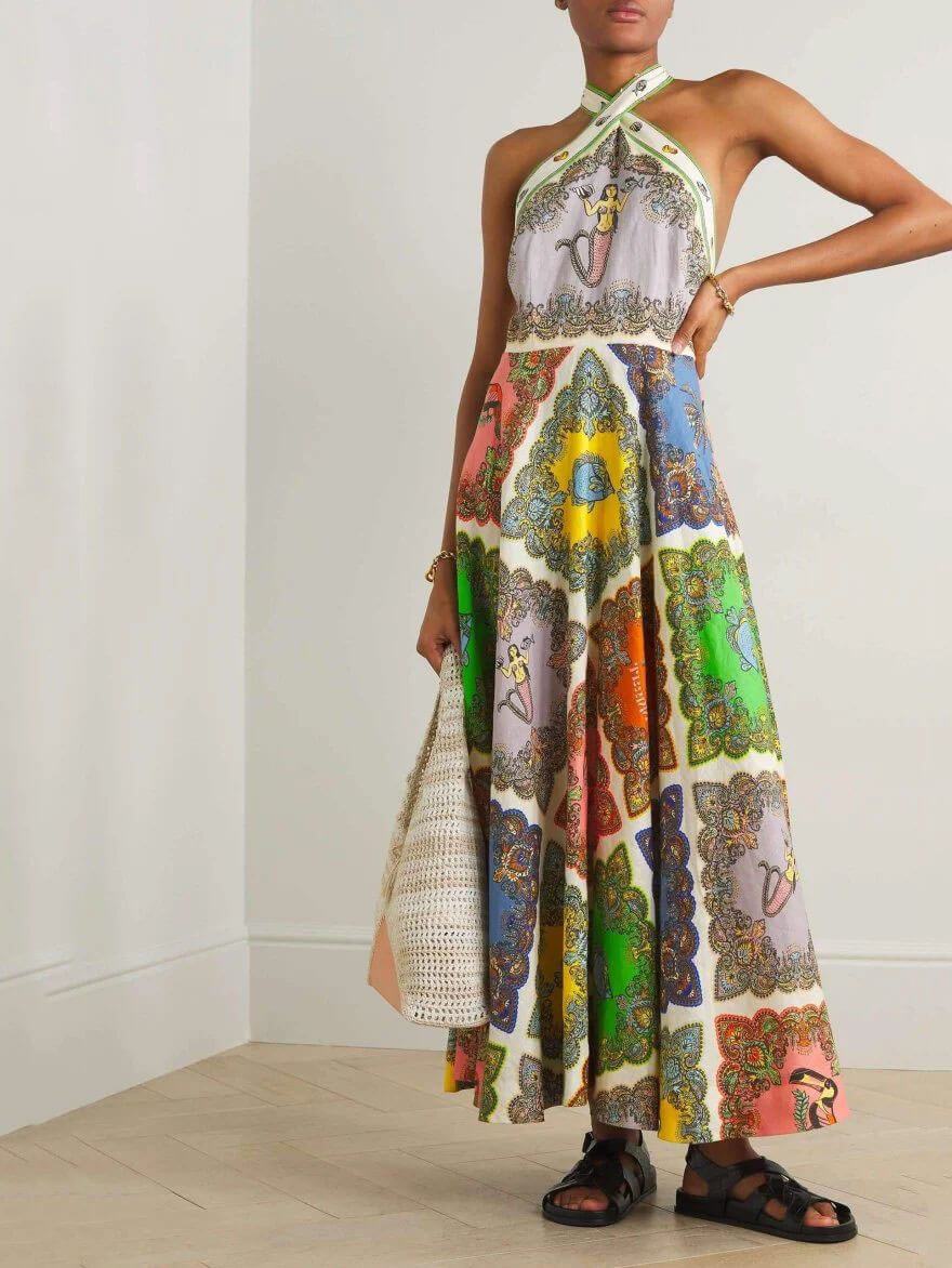 Maddie | Halter Maxi Dress Open Back Scarf Print