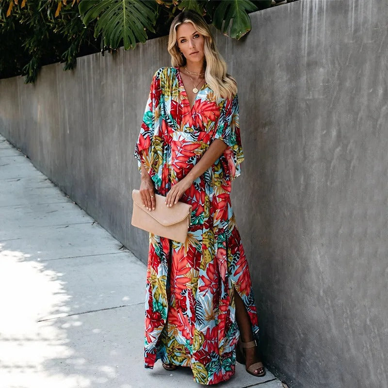 Aaliyah | Boho Maxi Sundress Tropical V-Neck
