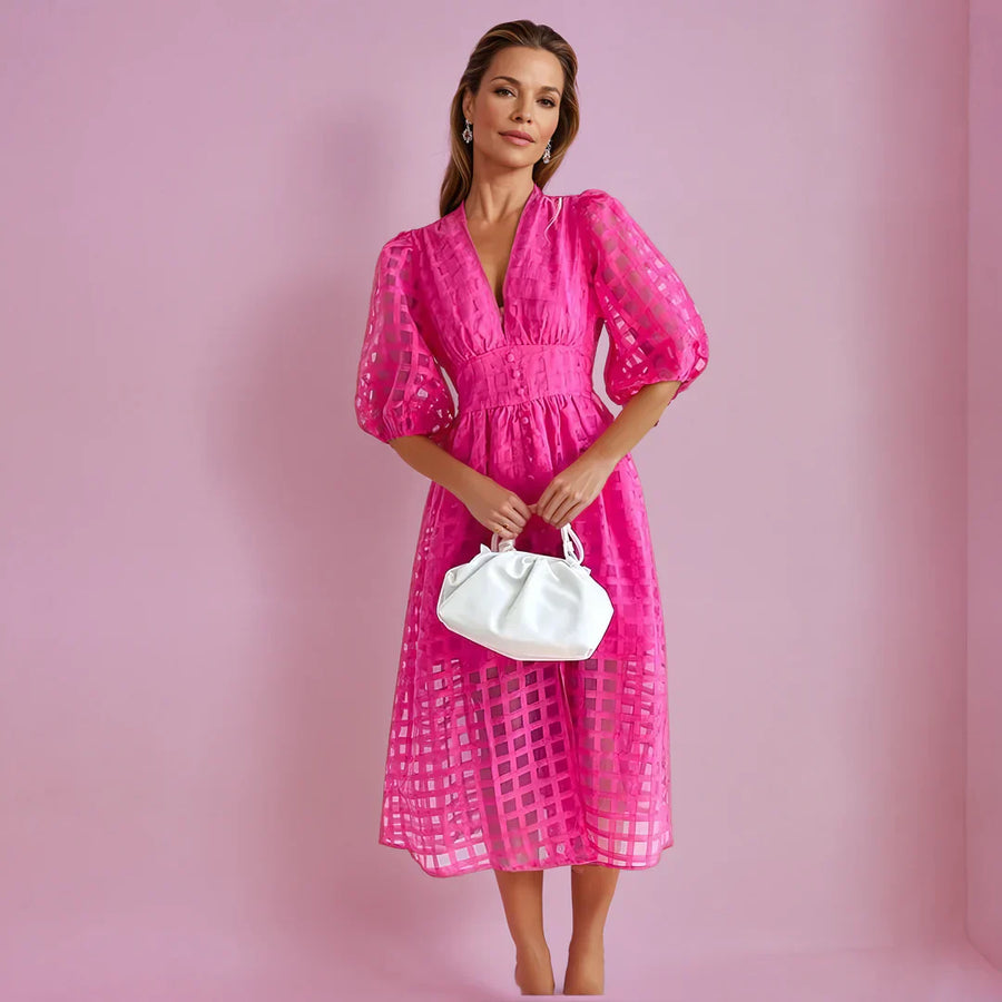 Sarah | Wedding Guest Midi Dress Puff Sleeve