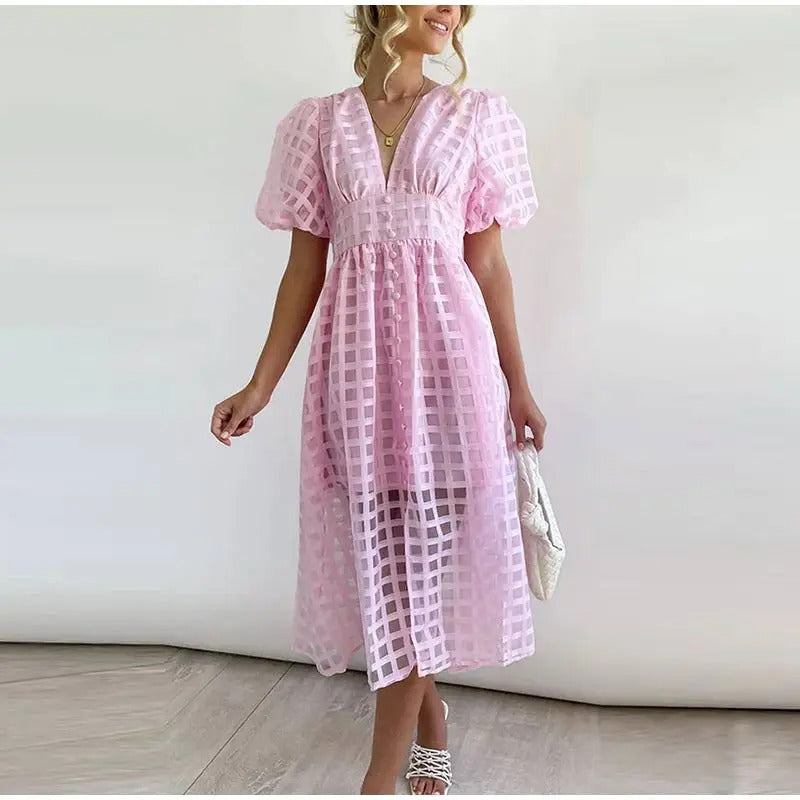 Sarah | Wedding Guest Midi Dress Puff Sleeve