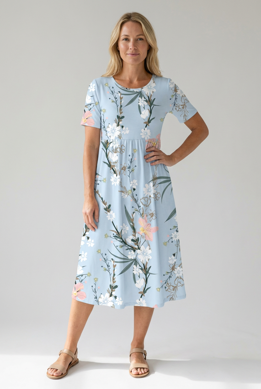 Leah | Short Sleeve Floral Midi Dress with Pockets