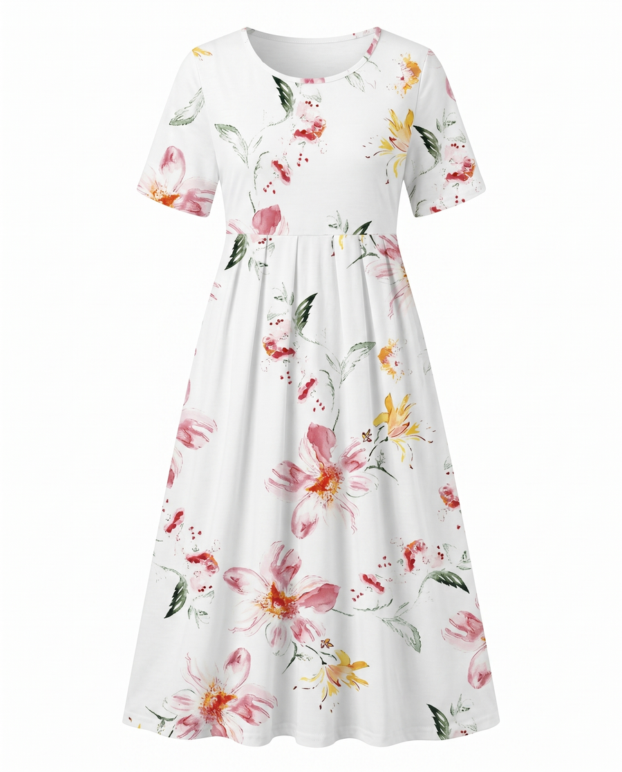 Leah | Short Sleeve Floral Midi Dress with Pockets
